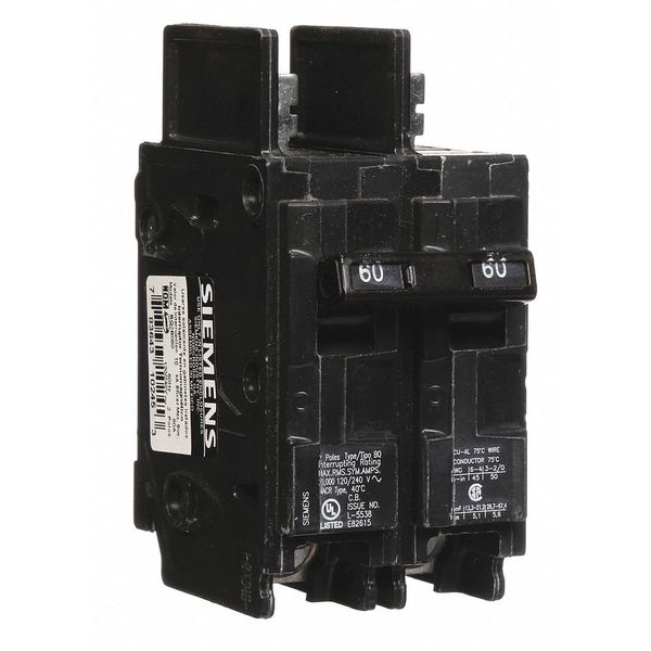 Siemens Miniature Circuit Breaker, BQ Series 60A, 2 Pole, 120/240V AC BQ2B060