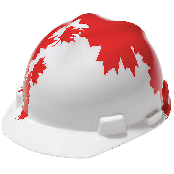 Msa Safety Front Brim Hard Hat, Type 1, Class C, Ratchet (4-Point), White/Red 10050613