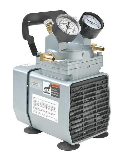 Gast Compressor/Vacuum Pump, 1/8 hp, 115V AC, 25.5 in H Max Vacuum, 60 psi Max Continuous Pressure DOA-P704-AA