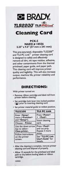 Brady Printer Cleaning Cards, for use with G1408653, Pk5 PCK-5