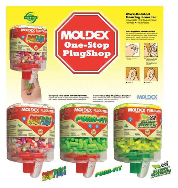 Moldex Disposable Uncorded Ear Plugs with Dispenser, Bullet Shape, 33 dB, 750 Pairs, Assorted Colors 0604