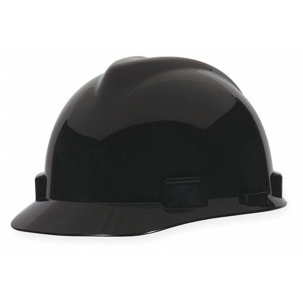 Msa Safety Front Brim Hard Hat, V-Gard, Slotted Cap, Type 1, Class E, Fas-Trac Ratchet Suspension, Black 492559