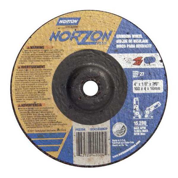 Norton Abrasives Depressed Center Wheels, Type 27, 4 in Dia, 0.125 in Thick, 3/8 in Arbor Hole Size, Ceramic 66252842004