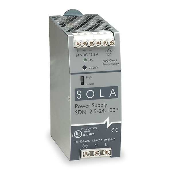 Solahd DC Power Supply, 85/264V AC, 24V DC, 60W, 2.5A, DIN Rail/Chassis SDN2.524100P