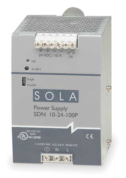 Solahd DC Power Supply, 115/230V AC, 24V DC, 240W, 10A, DIN Rail/Chassis SDN1024100P
