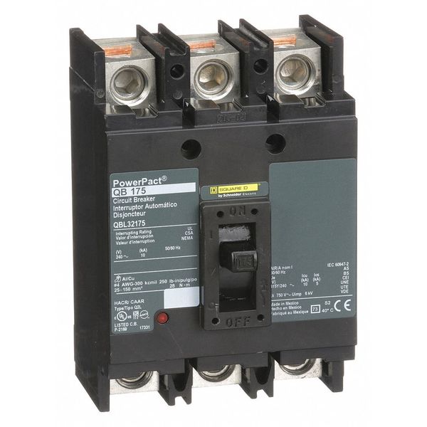 Square D Molded Case Circuit Breaker, QBL Series 175A, 3 Pole, 240V AC QBL32175