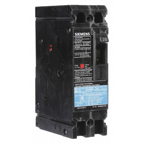 Siemens Molded Case Circuit Breaker, ED4 Series 20A, 2 Pole, 480V AC ED42B020