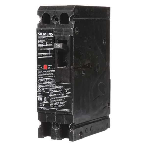 Siemens Molded Case Circuit Breaker, HED4 Series 20A, 2 Pole, 480V AC HED42B020
