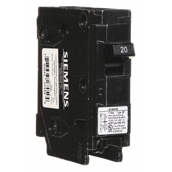 Siemens Miniature Circuit Breaker, Q Series 20A, 1 Pole, 120V AC Q120HID
