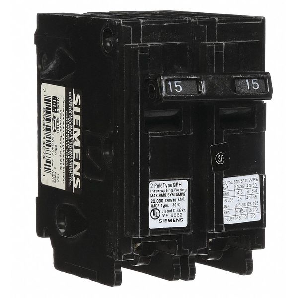 Siemens Miniature Circuit Breaker, Q Series 15A, 2 Pole, 120/240V AC Q215