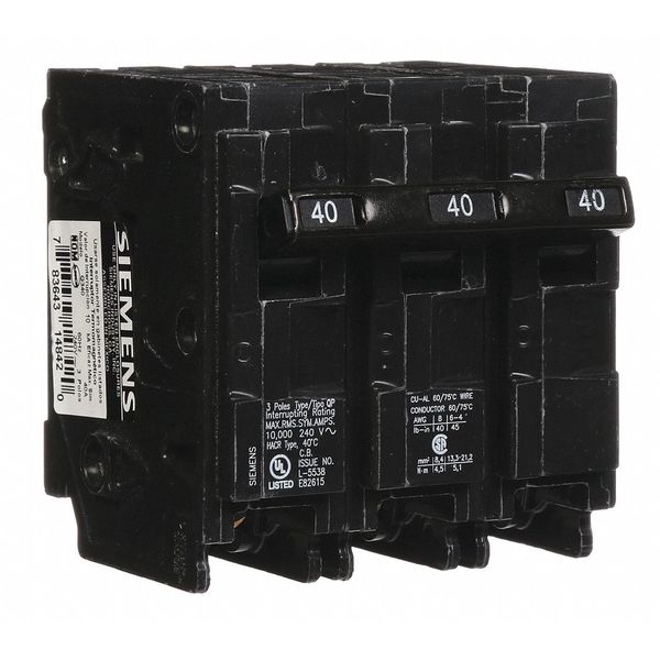 Siemens Miniature Circuit Breaker, Q Series 40A, 3 Pole, 240V AC Q340