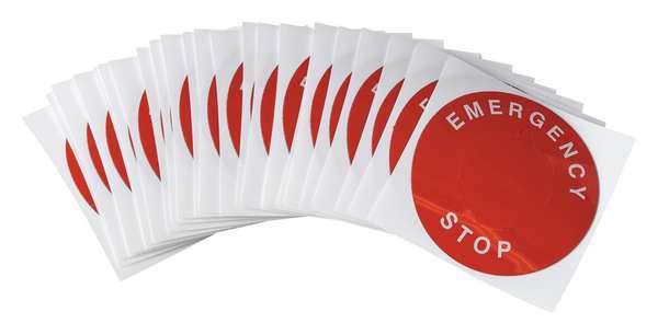 Brady Emergency Stop Legend Plate Label, 30mm, White on Red, THTEP-196-593RD THTEP-196-593RD