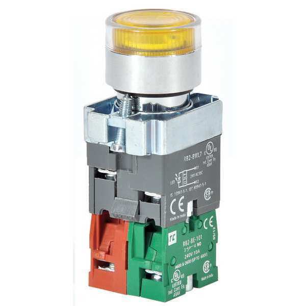 Dayton Illuminated Push Button, 22 mm, 1NO/1NC, Yellow 30G207