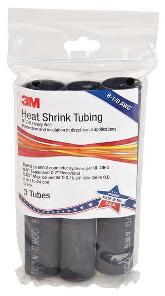 3M Shrink Tubing, 0.8in ID, Black, 6in, PK3 ITCSN-0800-6"-BLACK-12-3 PC PKS