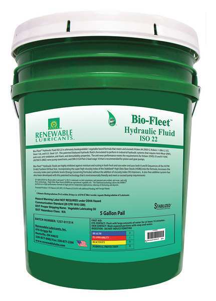 Renewable Lubricants 5 gal Pail, Hydraulic Oil, 22 ISO Viscosity, Not Specified SAE 80814