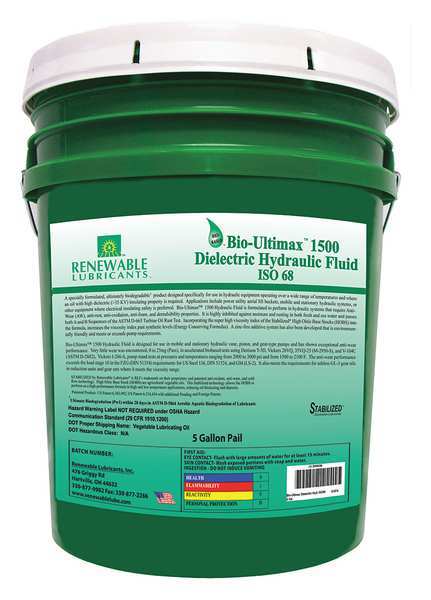 Renewable Lubricants 5 gal Pail, Hydraulic Oil, 68 ISO Viscosity, Not Specified SAE 81074