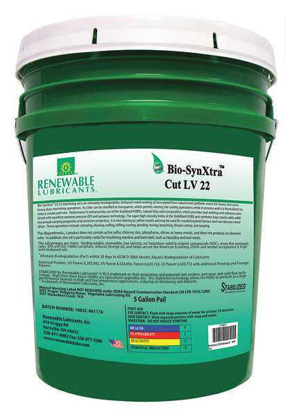 Renewable Lubricants Cutting Oil, Pail, Yellow, 5 gal. 86854