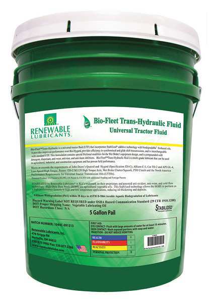 Renewable Lubricants 5 gal Pail, Hydraulic Oil, 46 ISO Viscosity, 30 SAE 81204