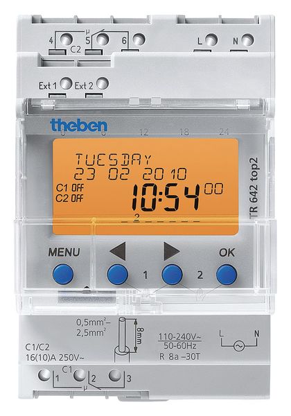 Theben Electr Timer, Din Rail, 365 Day Astro, 2Chn TR-642-TOP-2-RC-12/24V