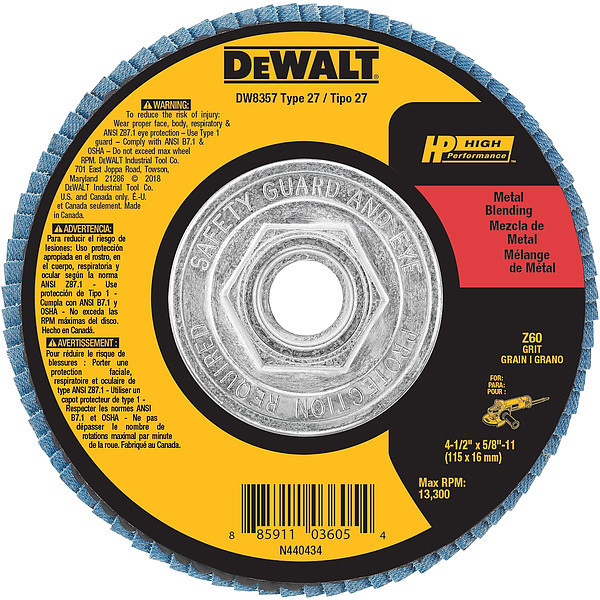 Dewalt 4-1/2" x 5/8"-11 60g type 27 HP flap disc DW8357