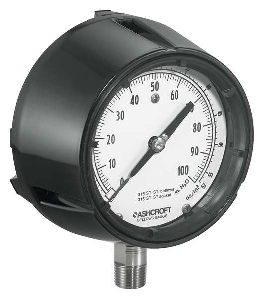 Ashcroft Pressure Gauge, 0 to 100 in wc, 1/4 in MNPT, Plastic, Black 1188A