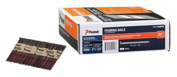 Paslode Collated Framing Nail, 3 in L, 11 ga, Brite, Flat Head, 30 Degrees, 2500 PK 650836