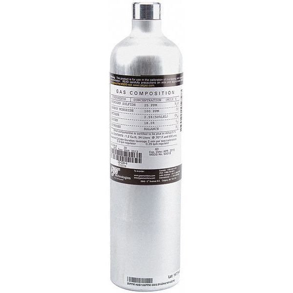 Honeywell Calibration Gas, 25 ppmH2S, 0.5Percent, 34L CG-QT34-1