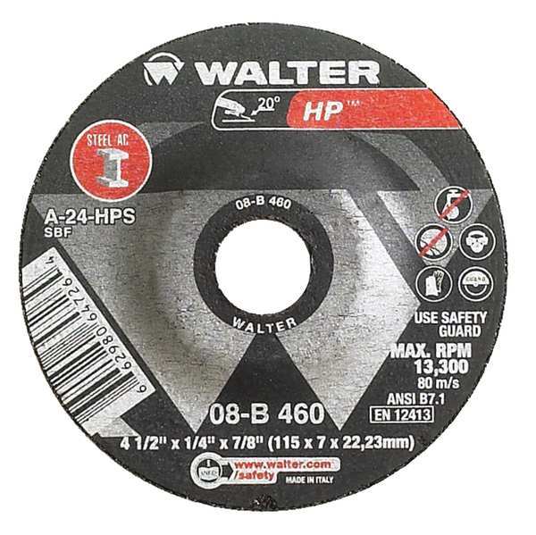 Walter Surface Technologies Depressed Center Grinding Wheel, Type 27, 0.25 in Thick, Aluminum Oxide 08B460