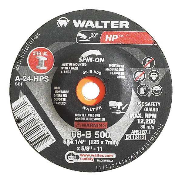 Walter Surface Technologies Depressed Center Grinding Wheel, Type 27, 0.25 in Thick, Aluminum Oxide 08B500