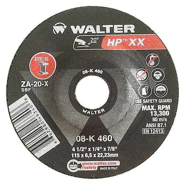 Walter Surface Technologies Depressed Center Grinding Wheel, Type 27, 0.25 in Thick, Zirconia Alumina 08K450