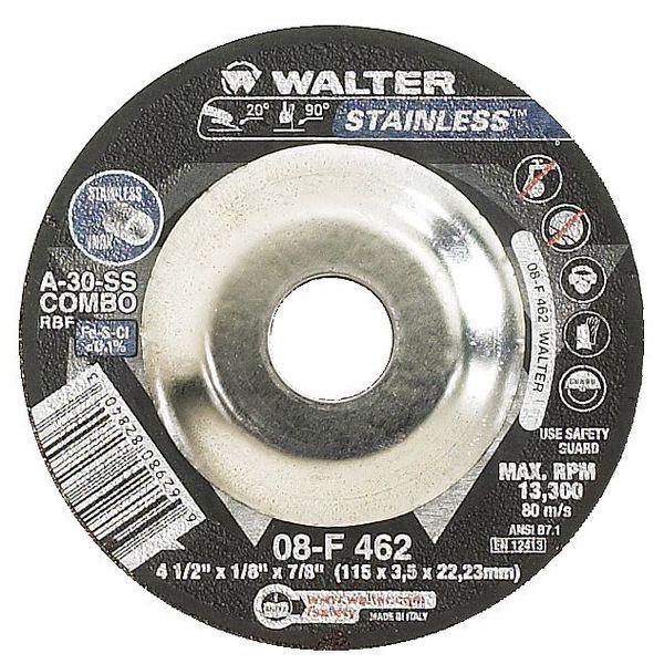 Walter Surface Technologies Depressed Center Grinding Wheel, Type 28, 0.25 in Thick, Aluminum Oxide 08F451