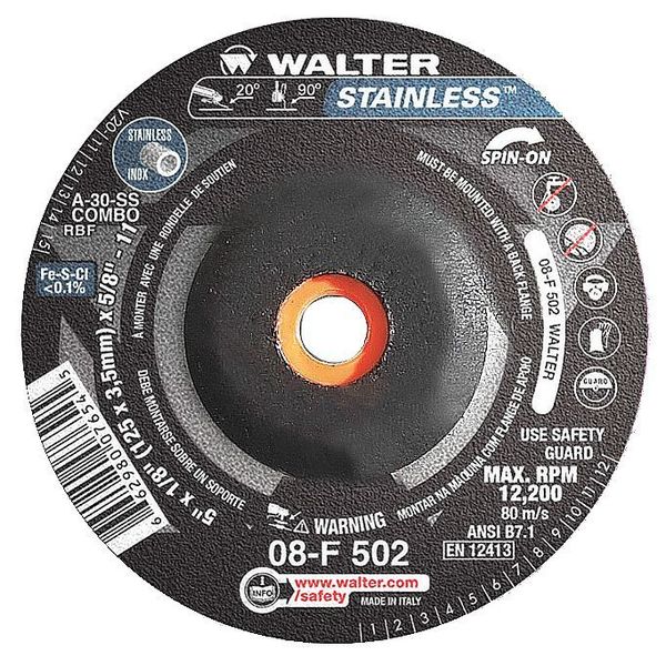 Walter Surface Technologies Depressed Center Grinding Wheel, Type 27, 0.125 in Thick, Aluminum Oxide 08F502