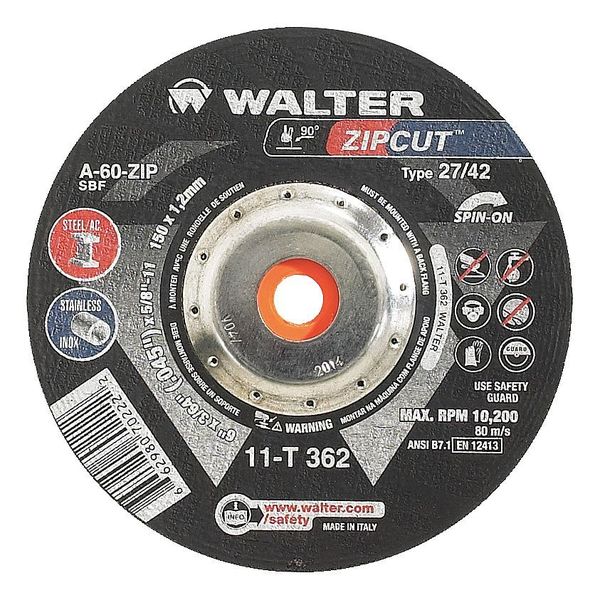 Walter Surface Technologies Depressed Center Cut-Off Wheel, Type 27, 0.0625 in Thick, Aluminum Oxide 11T453