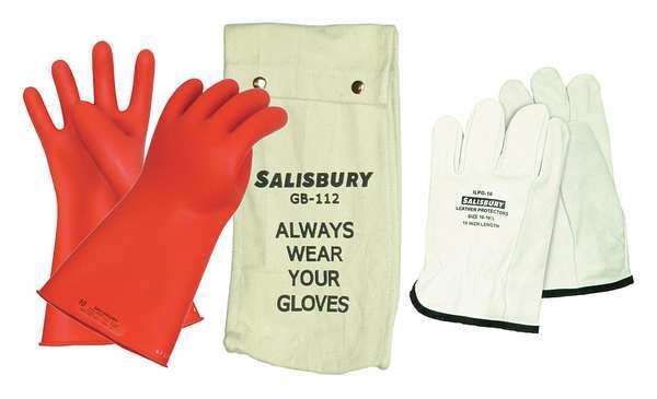 Salisbury Electrical Rubber Glove Kit, Leather Protectors, Glove Bag, Red, 11 in, Class 0, Size 12, 1 Pair GK011R/12