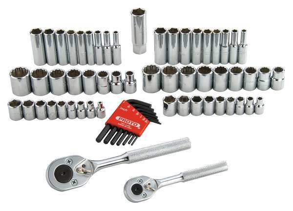 Proto 1/4", 3/8" Drive Socket Set Metric, SAE 63 Pieces 1/8 in to 3/4 in, 5 mm to 18 mm , Full Polish J47163
