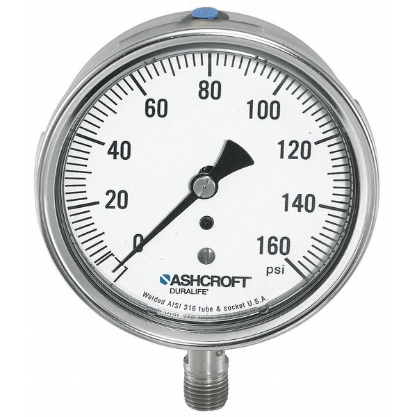 Ashcroft Pressure Gauge, 0 to 160 psi, 1/4 in MNPT, Stainless Steel, Silver 251009SWL02L160#