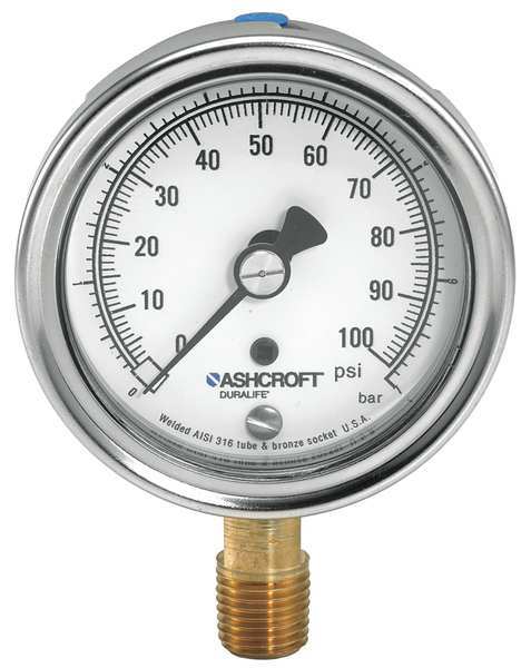 Ashcroft Pressure Gauge, 0 to 100 psi, 1/4 in MNPT, Stainless Steel, Silver 251009AW02L100#