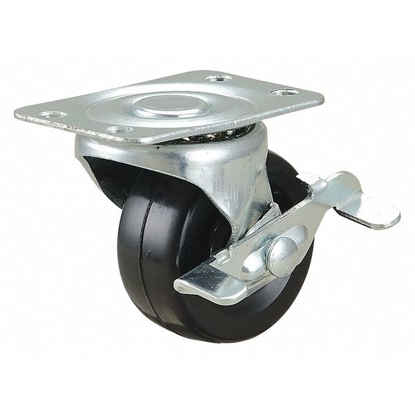 Zoro Select Swivel Plate Caster w/Brake, Rubber, 2 in., 150 lb. 33H636