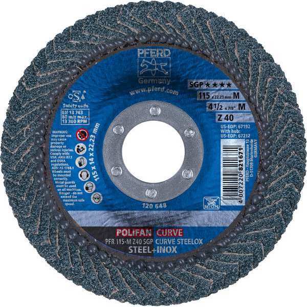 Pferd 4-1/2" x 7/8" A.H. POLIFAN® Flap Disc - Z SGP CURVE STEELOX, Zirconia, 40 Grit, Medium Radius 67192