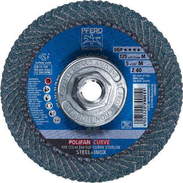 Pferd 5" x 5/8-11 Thd. POLIFAN® Flap Disc - Z SGP CURVE STEELOX, Zirconia, 40 Grit, Medium Radius 67216