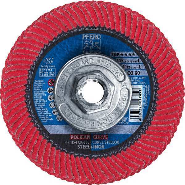 Pferd 4-1/2" x 5/8-11 Thd. POLIFAN® Flap Disc - CO SGP CURVE STEELOX, Ceramic oxide, 60 Grit, Large Radius 67405