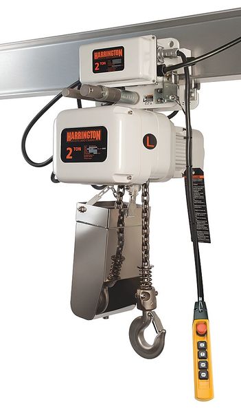 Harrington Electric Chain Hoist, 500 lb, 20 ft, Motorized Trolley, 460V, White NERM003LD-L-FG-20