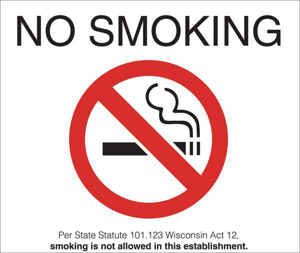 Zing No Smoking Label, Wisconsin, 5 in Height, 7 in Width, Plastic, Rectangle, English 1881S