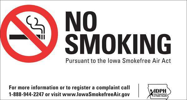 Zing No Smoking Sign, Iowa, 7" H, 10" W, Plastic, Rectangle, English, 1855 1855