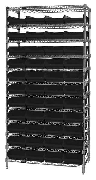 Quantum Storage Systems Steel, Polypropylene Bin Shelving, 36 in W x 74 in H x 18 in D, 12 Shelves, Black WR12-108BK