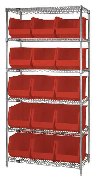 Quantum Storage Systems Steel Bin Shelving, 36 in W x 74 in H x 18 in D, 6 Shelves, Red WR6-260RD