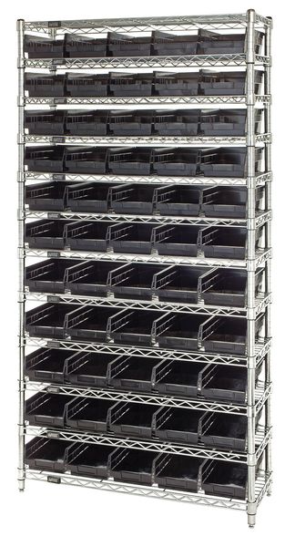 Quantum Storage Systems Steel, Polypropylene Bin Shelving, 36 in W x 74 in H x 12 in D, 12 Shelves, Black WR12-102BK