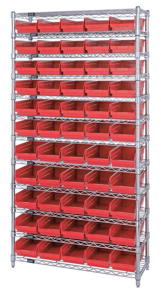 Quantum Storage Systems Steel, Polypropylene Bin Shelving, 36 in W x 74 in H x 12 in D, 12 Shelves, Red WR12-102RD