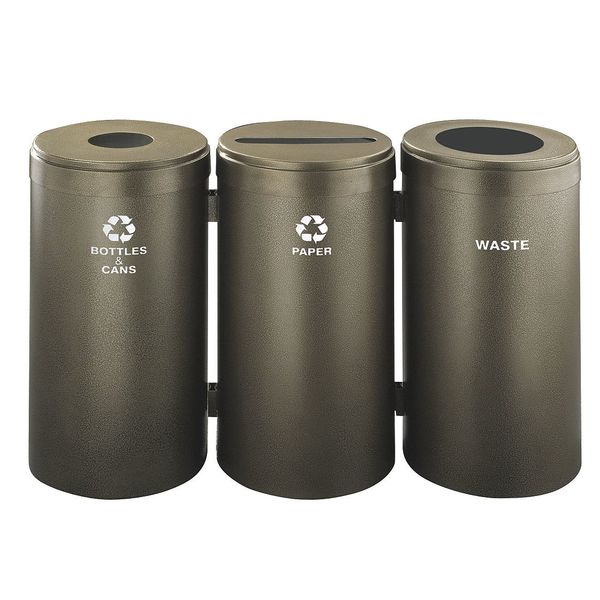 Glaro 69 gal Round Recycling Bin, Open Top, Bronze Vein, Steel, 3 Openings 1542-3BV-BV-B&C/P/W