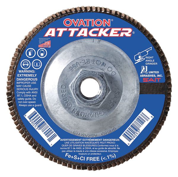 United Abrasives/Sait SAIT 76348 Ovation® Attacker High Density Fiberglass Backed Flap Disc  (Type 27) 6" x 5/8"-11, 60 Grit, 10-Pack 76348